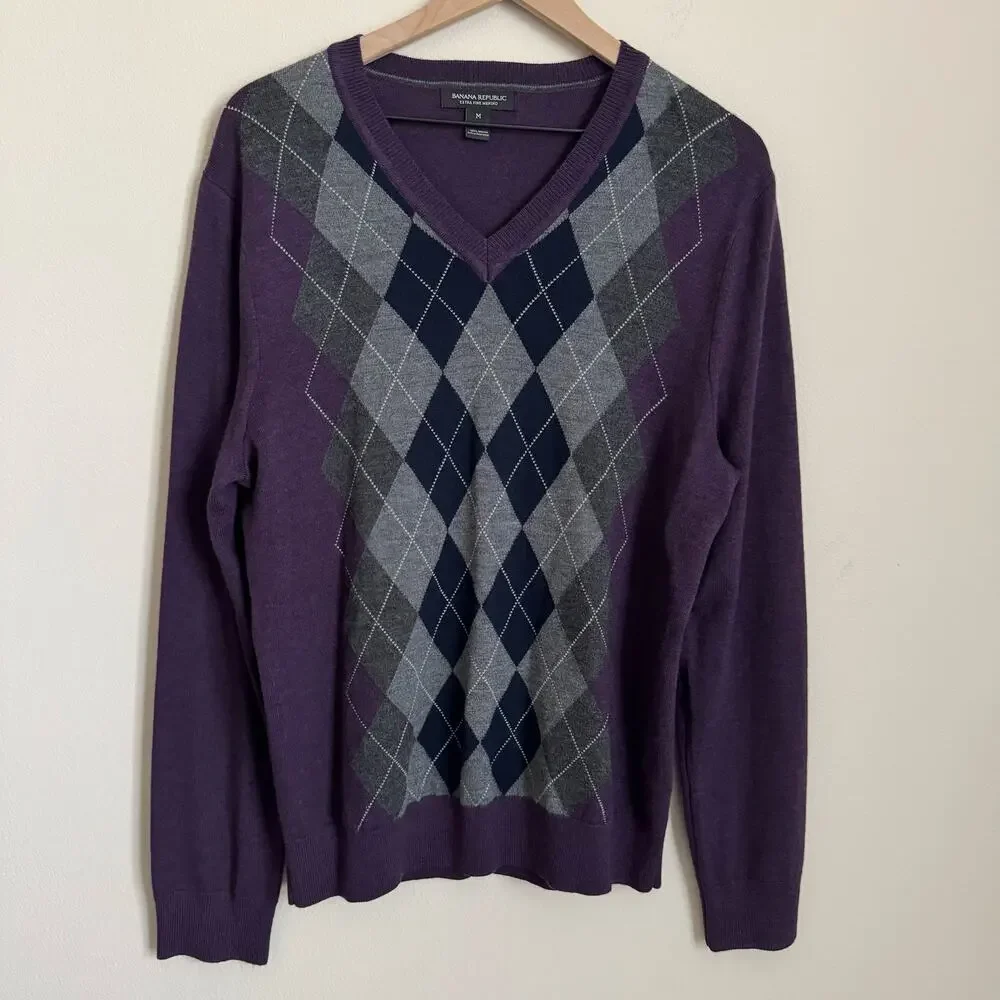 Banana Republic Mens Ultra Fine Merino Wool Argyle Sweater Size Medium Shirt Top
